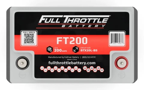 Rectangular Full Throttle battery with FT200 label, featuring black, white, and red design, showing terminals, QR code, and specifications including CCA 200 amps and group size BTX20L-BS.