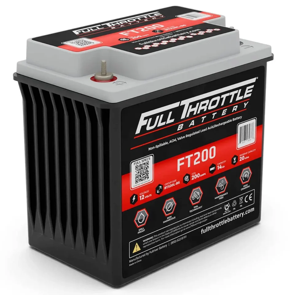 A Full Throttle FT200 battery with specifications printed on the label, featuring a black and red design and several icons indicating features like voltage, amperage, and cycles.