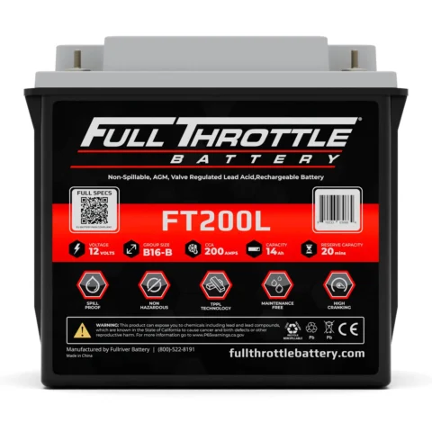 Image of a Full Throttle FT200L battery showing specifications: 12 volts, 200 cold cranking amps, 16 Ah capacity, B16-B group size, reserve capacity of 20 minutes.