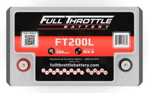 Full Throttle FT200L battery with 200 amps, group size B16-B, and labeled contacts. Manufacturer details and a QR code are visible on the label.