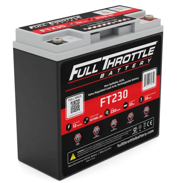 A Full Throttle FT230 rechargeable battery with specifications displayed on its label, including 12 volts, 230 amps, 20-hour capacity, and dimensions.