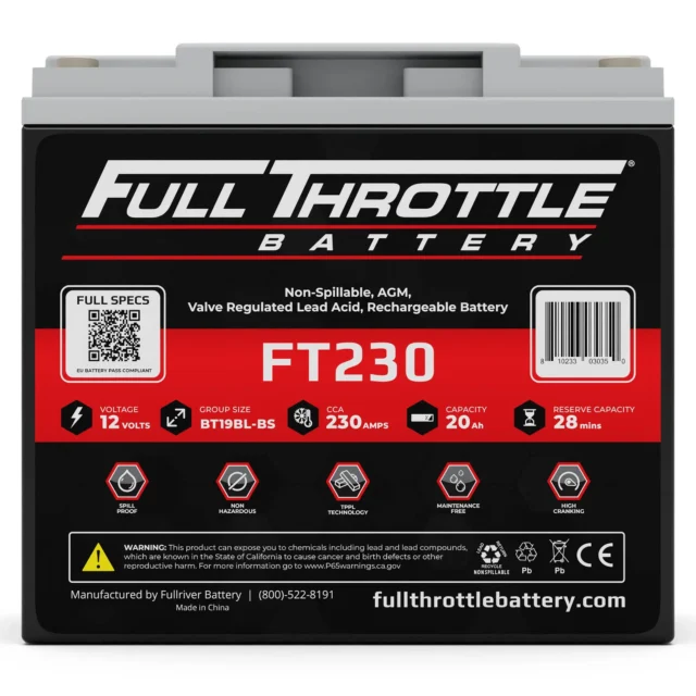 Image of a Full Throttle Battery FT230, displaying specifications: 12 volts, 230 amp hours, 20 amps discharge, and 28 minutes reserve capacity.