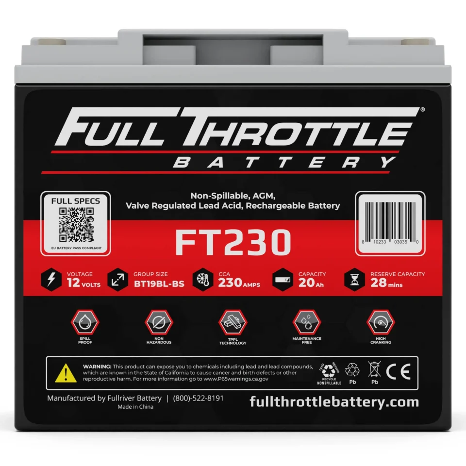 Image of a Full Throttle Battery FT230, displaying specifications: 12 volts, 230 amp hours, 20 amps discharge, and 28 minutes reserve capacity.