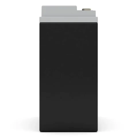 A rectangular black battery with a gray top viewed from the front against a white background.