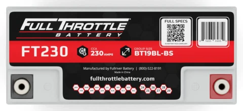 Rectangular Full Throttle battery with red and black label, showing specifications, a QR code, and terminal connectors on top.