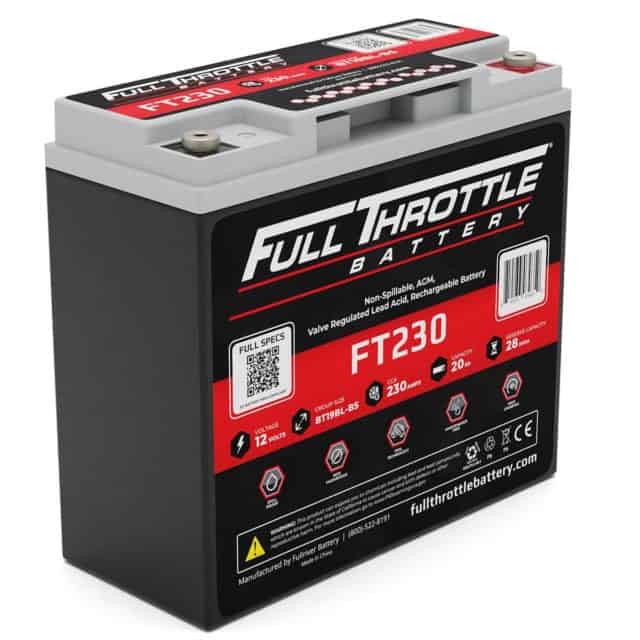 A Full Throttle FT230 battery with specifications: 12 volts, 230 CCA, 20Ah, 28 minutes reserve, valve regulated lead acid, non-spillable, and rechargeable.