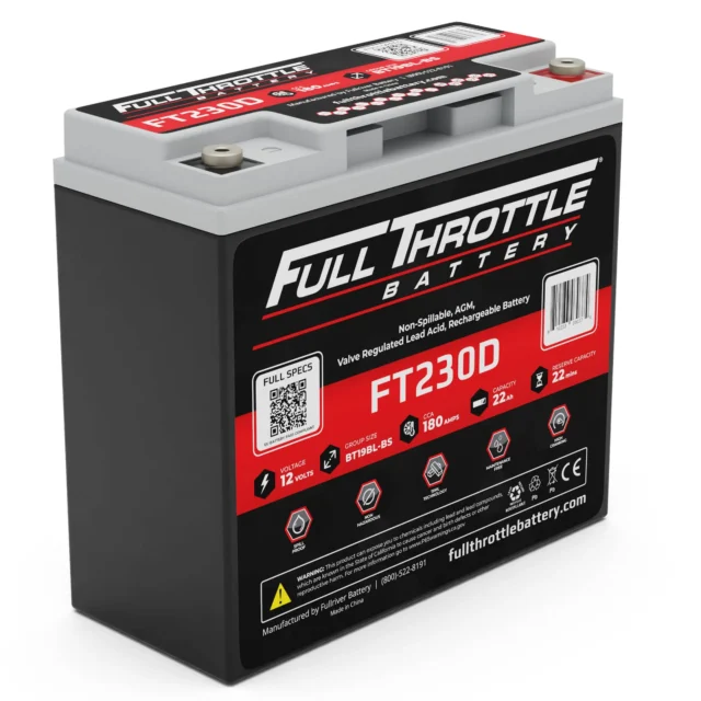 A Full Throttle FT230D battery with specifications on the label, including 12 volts, 180 minutes reserve capacity, and 22 amp hours.