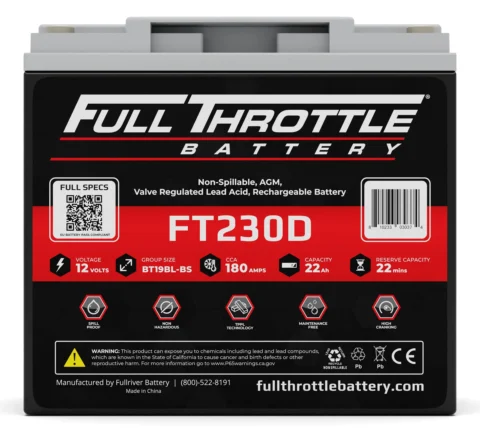 Full Throttle FT230D battery with 12 volts, 10 Ah capacity, AGM, rechargeable. Features include details on spec label, various icons, and manufacturer info at the bottom.