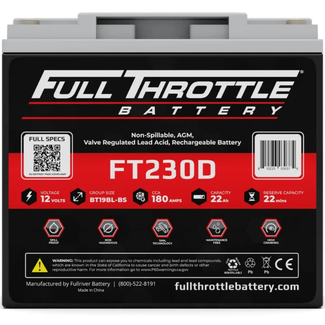 Full Throttle FT230D battery with 12 volts, 10 Ah capacity, AGM, rechargeable. Features include details on spec label, various icons, and manufacturer info at the bottom.