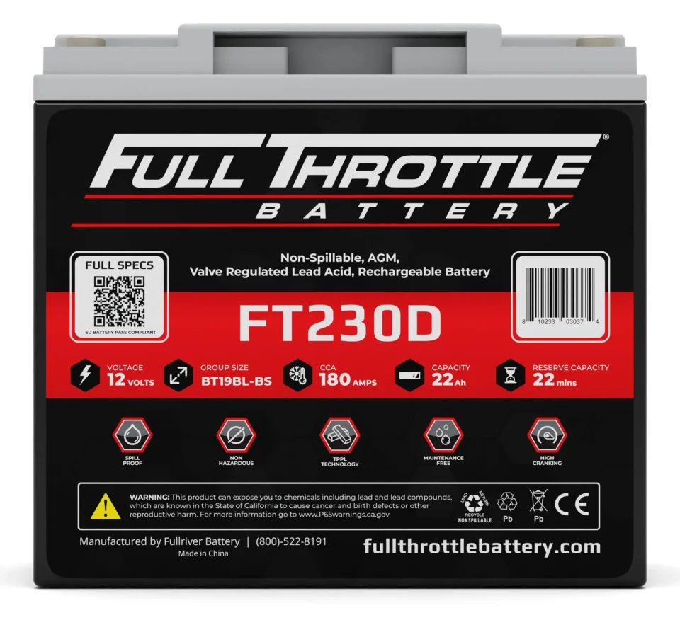 Full Throttle FT230D battery with 12 volts, 10 Ah capacity, AGM, rechargeable. Features include details on spec label, various icons, and manufacturer info at the bottom.