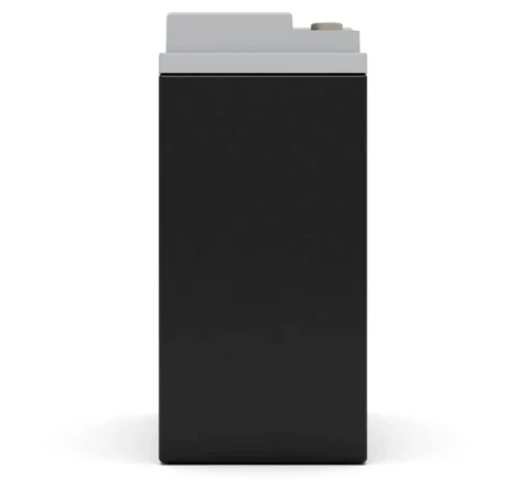 Front view of a rectangular black battery with a gray top and a single terminal on the right.