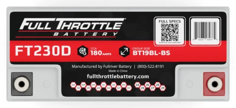 Close-up of a Full Throttle FT230D battery label, showing amp and group size details, a QR code for full specs, and manufacturer's contact information.