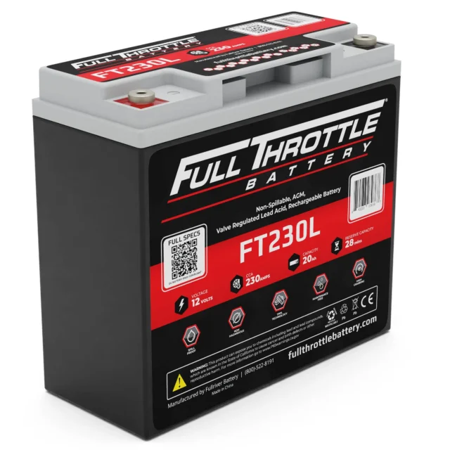 Full Throttle Battery FT230L, gray and red, with specifications including 2300 amps, 20 hours reserve, and 28kg weight.