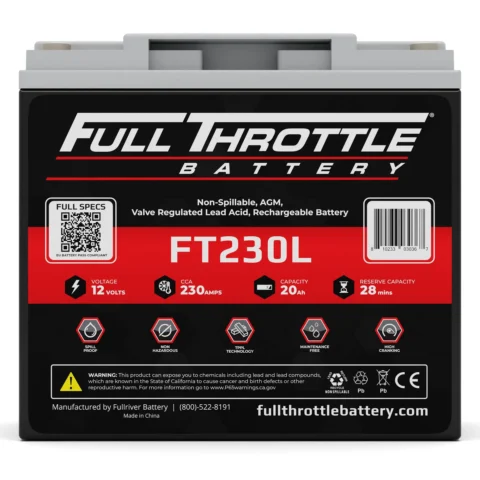 Image of a Full Throttle FT230L rechargeable battery. Features include 12 volts, 230 CCA, and 20Ah capacity. Warnings and specifications are displayed on the front.