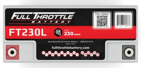 A Full Throttle FT230L battery with specifications: CCA 230 amps. Features QR code, contact information, and branding details on the label.