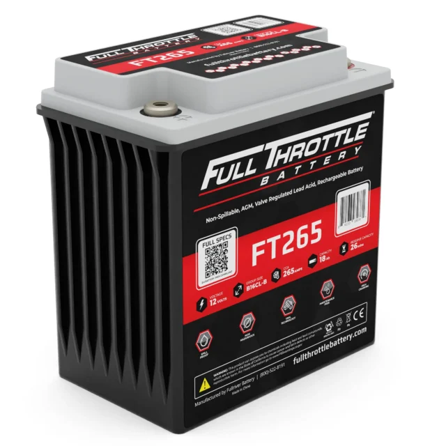 A black and gray Full Throttle FT265 battery featuring label information, including voltage, amp hours, and QR codes, with red and white text.