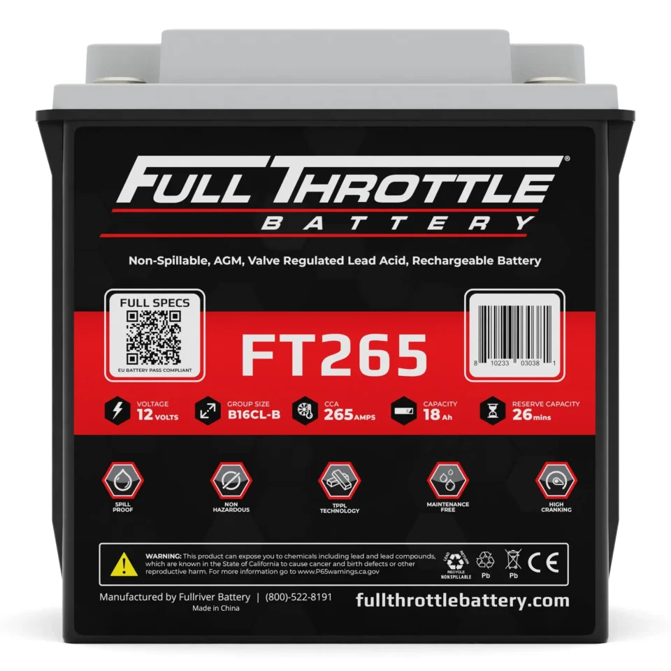 A Full Throttle FT265 battery with specifications such as 12V voltage, 265 amps, 18Ah capacity, and a 26-minute reserve capacity.