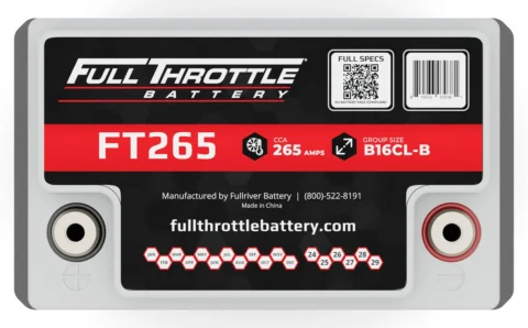 Image of a Full Throttle battery model FT265, 265 CCA, size B16CL-B, with a website and contact number on the label.