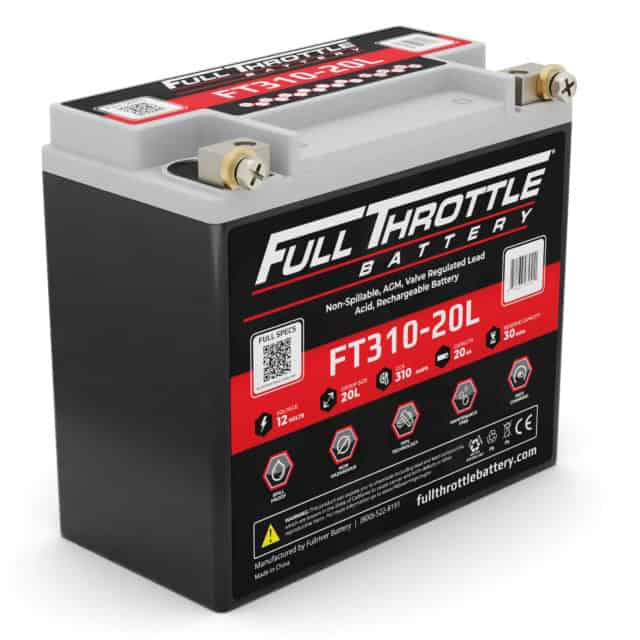 Black Full Throttle FT310-20L battery with specifications displayed on the front, including voltage, capacity, and dimensions.