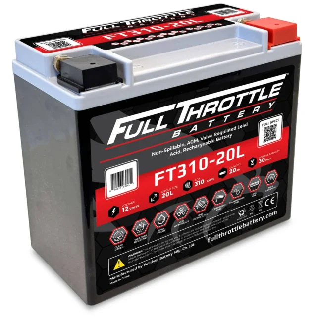 A full throttle series lead-acid battery with a label detailing specifications and features.