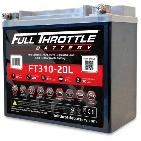 A full throttle battery, model ft310-20l, 12 volts, 20 amp-hour lead-acid rechargeable battery with various specifications and certifications displayed.