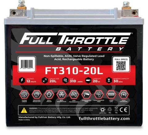 A full throttle brand non-spillable, valve-regulated lead-acid rechargeable battery with a capacity of 20 ah and 310 cold cranking amps.
