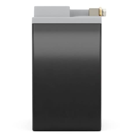 A rectangular, gray-black battery with a metallic terminal on top, viewed from the front against a white background.