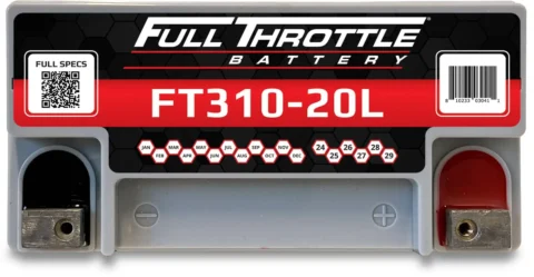 A full throttle battery labeled fbt310-20l with a qr code and a set of terminal posts.