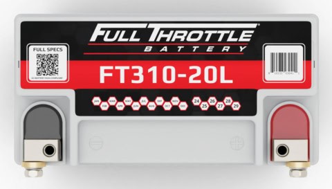 Top view of a Full Throttle battery model FT310-20L, featuring red and black branding, QR code, and barcode.