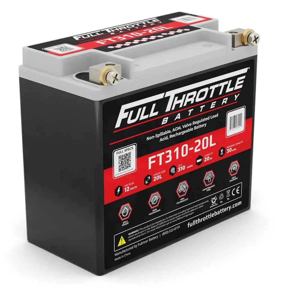 Black and red Full Throttle FT310-20L battery with specifications and QR code visible on the label.