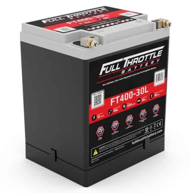 A Full Throttle battery with red and black labeling, model FT400-30L.