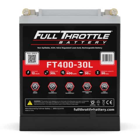 Battery with "Full Throttle" branding, model FT400-30L, displaying specifications: 12 volts, 400 CCA, 35 Ah, 50 minutes reserve capacity, vibration proof, with a manufacturer's website link.