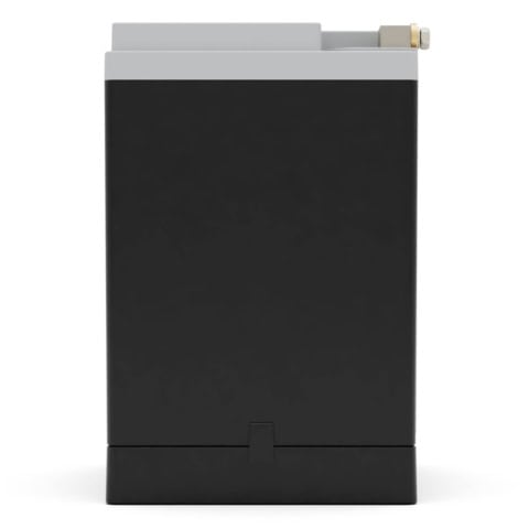 Rectangular black and gray battery with a brass terminal on top, standing upright against a white background.