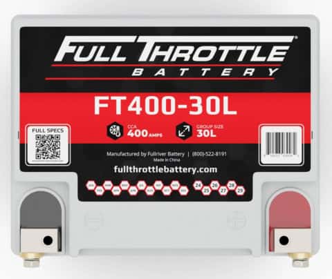 Battery labeled "Full Throttle FT400-30L" with specifications, QR code, and contact information printed on the front.