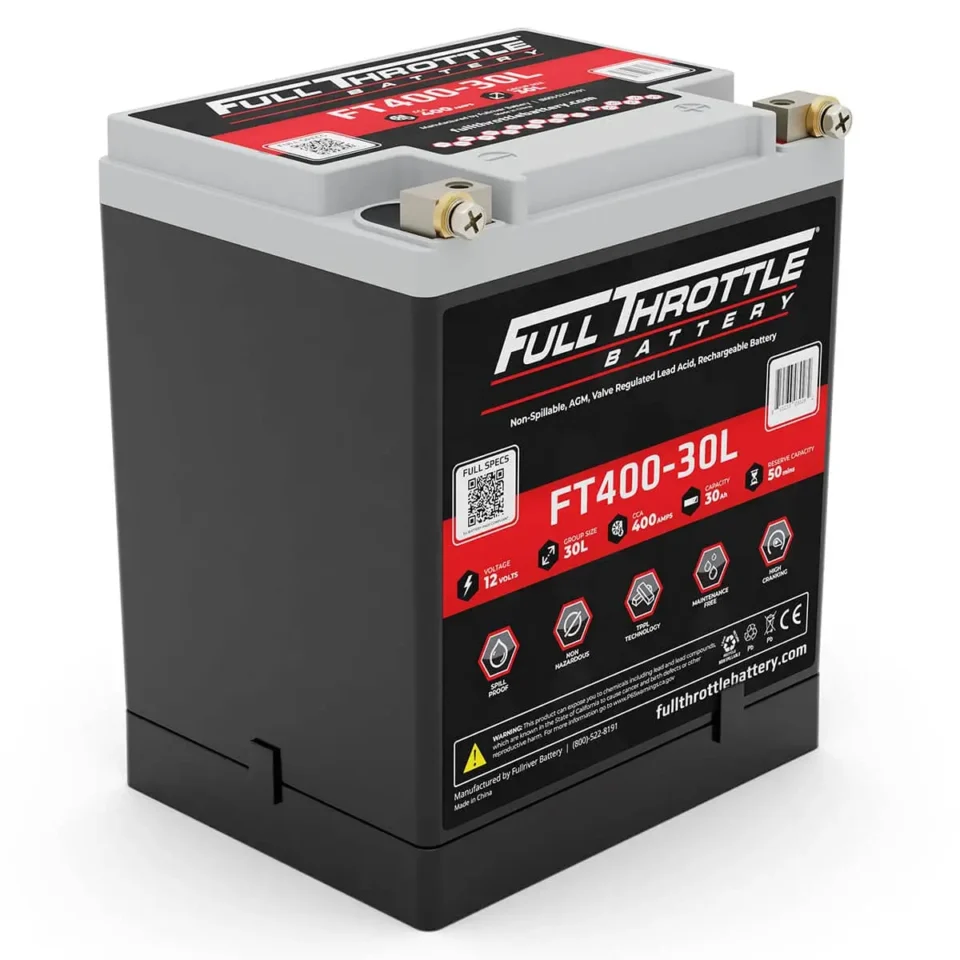 Black and gray car battery with red label, featuring the text "Full Throttle Battery FT400-30L" and various specifications.