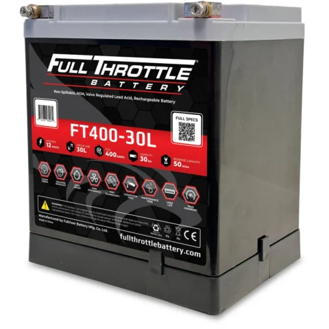 A full throttle battery brand lead-acid, rechargeable automotive battery.