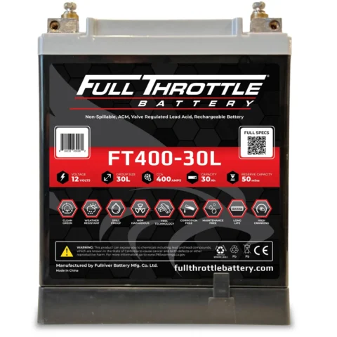 A full throttle series lead-acid automotive battery with product specifications and labels.