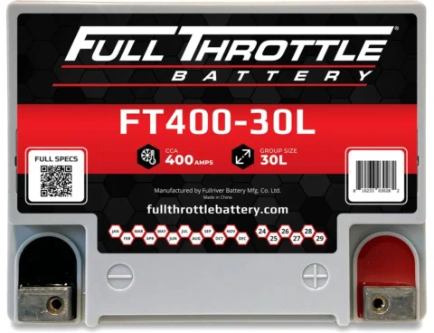 Car battery with full throttle branding and product specifications listed, including a 400 amp cold cranking amps (cca) rating.