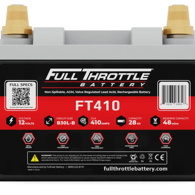 Image of a Full Throttle FT410 battery showing its specifications: 12 volts, group size B30L-B, 410 amps CCA, 28 Ah capacity, and 48-minute reserve capacity.