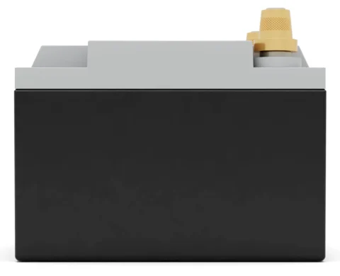 A black and gray rectangular battery with a gold terminal on top.