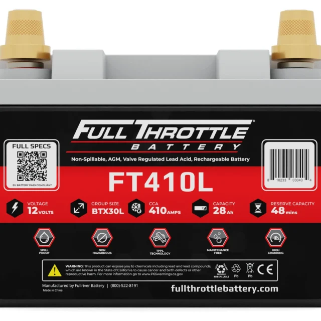 Full Throttle FT410L battery displaying specifications including 12V voltage, 410 CCA, 28Ah capacity, and 48 min reserve.