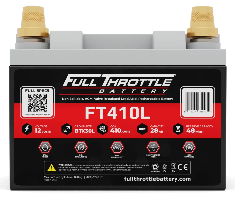 Full Throttle FT410L battery displaying specifications including 12V voltage, 410 CCA, 28Ah capacity, and 48 min reserve.