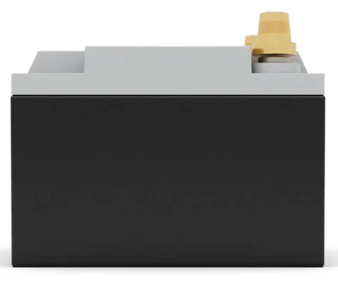 A rectangular, black and gray battery with a gold connector on top is shown.