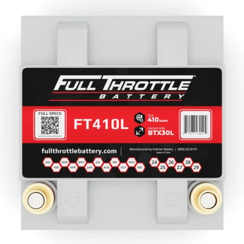 Top view of a Full Throttle battery model FT410L. Features include 410 amps and group size BTX30L. The manufacturer's website and contact number are visible on the label.