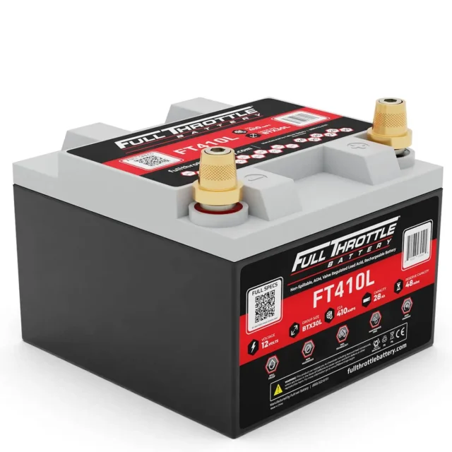 A Full Throttle FT410L battery with QR codes, specifications, and two terminals on top.