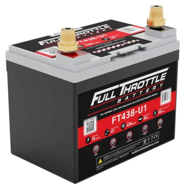 A Full Throttle FT438-U1 battery with a gray top, two terminals, and a black body. The label lists specifications such as 48Ah and 438 CCA.