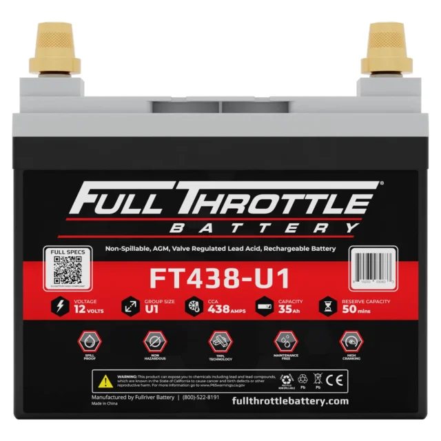 Front view of a Full Throttle battery model FT438-U1, showing specs like 12 volts, 438 amps, and 35 amp hours, with a red and black design.