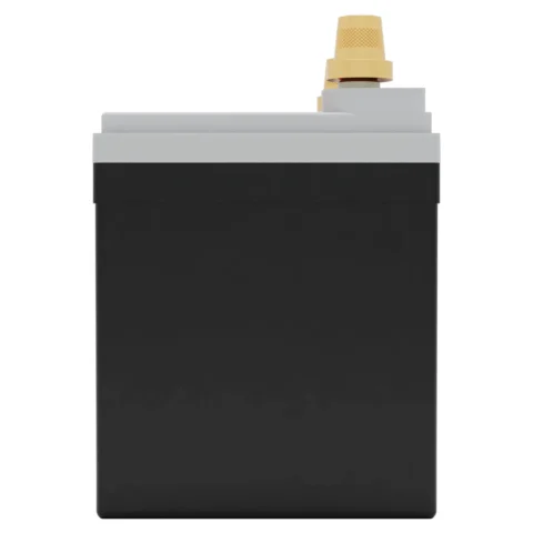 A black and gray rectangular battery with a gold terminal on top.