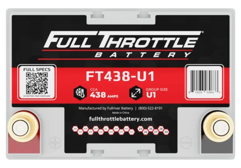 A Full Throttle car battery model FT438-U1 with 438 amps is displayed, featuring a QR code and contact details.