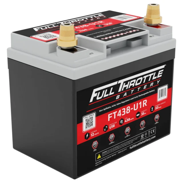 A rectangular Full Throttle battery, model FT438-U1R, with two terminals on top and a detailed label displaying specifications, including 12V and 435 Amps.